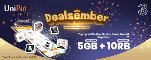 Dealsember – Bonus Kuota 5GB dan 10.000 UniPin Credits Menanti Mereka yang Top Up di UniPin dengan Pulsa Tri!